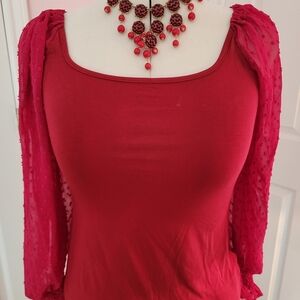 Zeagoo Vibrant Red Blouse with Textured Sleeves